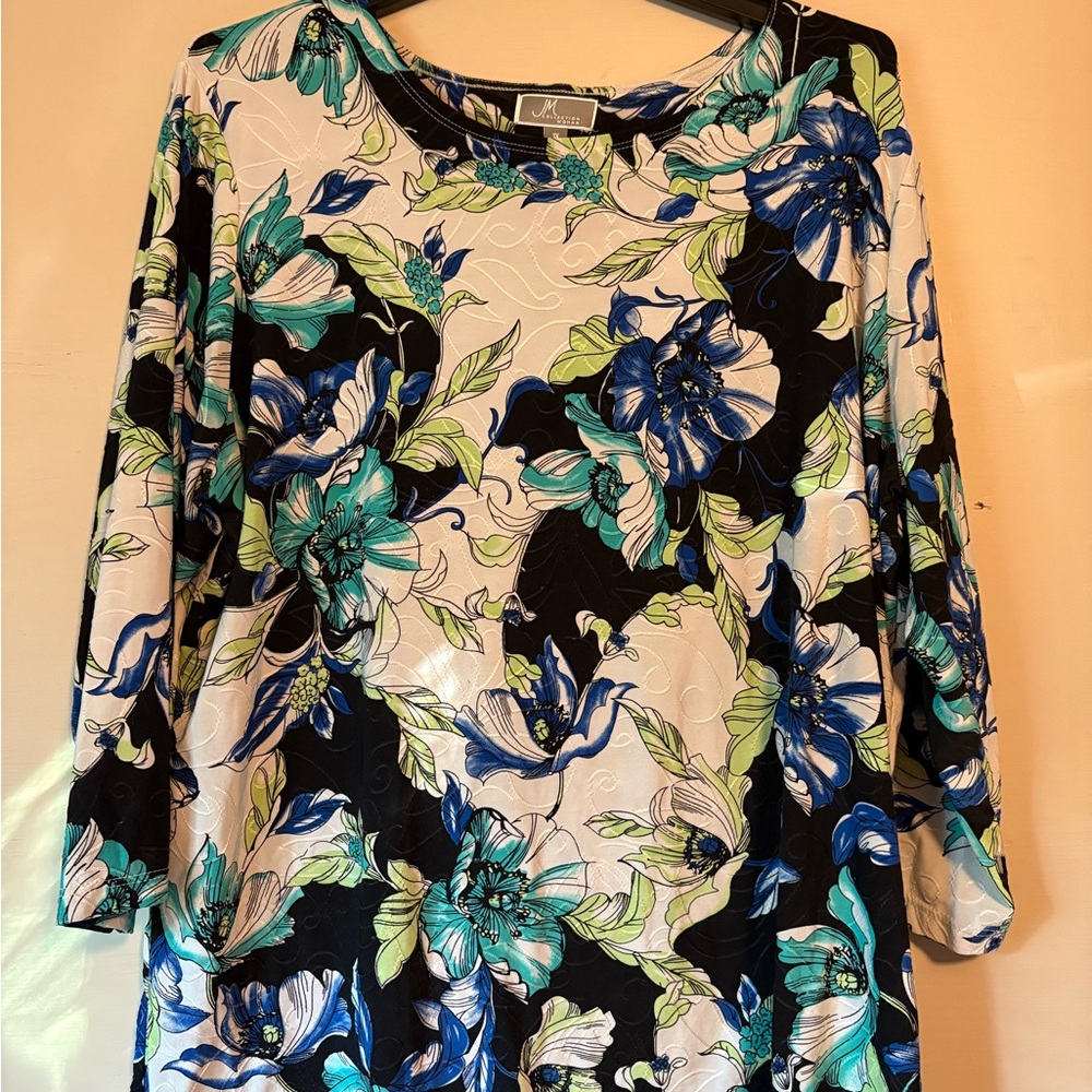 JM Collection Floral Blouse - Black, Blue, and Green